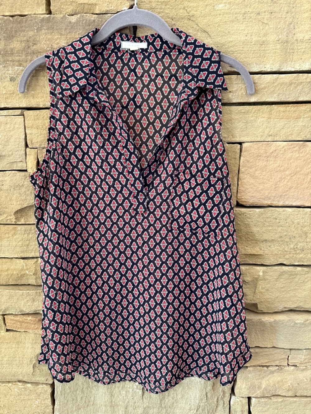 Pleione Navy & Red Sleeveless Printed Collared sheer Tank for Summer